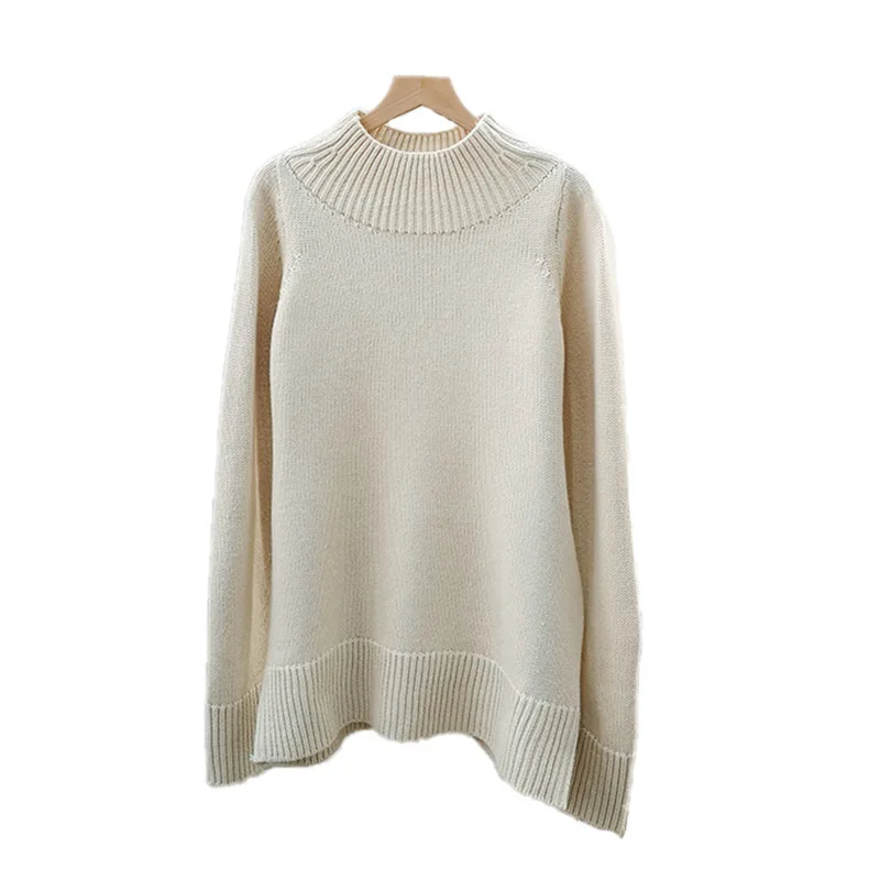 

Women Sweater 2021 Autumn and Winter New Solid Color Beige Half High Collar Long Sleeve Knitted Sweater Women