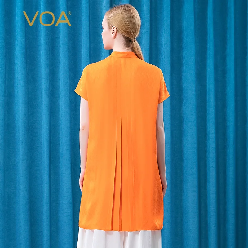 Kaufen VOA Orange Jacquard Seide Semi-hohe Kragen Kurzarm Tops BE509 Drei-dimensionale Plissee Lose Und Bequeme Lange T-shirt