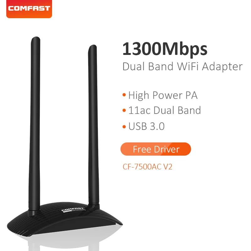 

Comfast Wifi адаптер высокой мощности 1300 Мбит/с Gigabit USB3.0 Беспроводная сетевая Wifi карта 2*2 Двухдиапазонные 6dbi антенны CF-7500AC V2