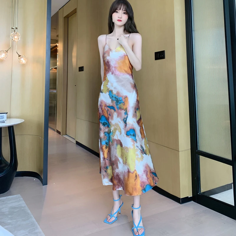 

new arrival fashion korean summer long beach dress women OL temperament print sexy strap sleeveless satin slim holiday dress