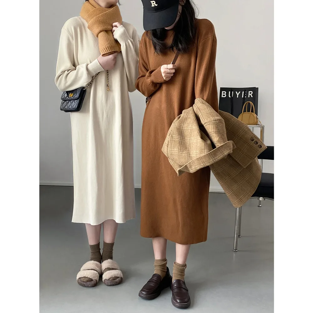 

@YYDS Solid Mock Neck Loose Knit Sweater Dress Beige / White / Orange / Coffe / Gray / Black
