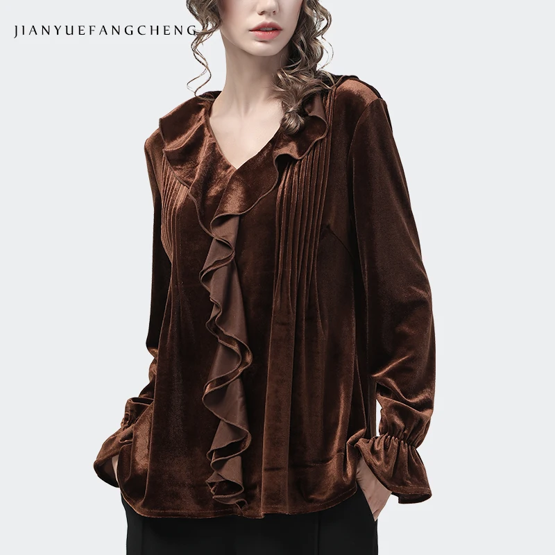 Blusa de terciopelo con cuello en V y volantes para mujer, camisa marrón holgada de estilo francés, Top elegante e informal para Otoño e Invierno