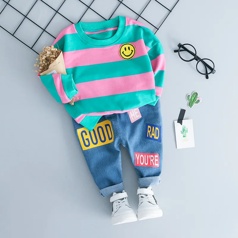 Baby boy's clothes baby girl's spring and autumn two-piece suit cotton striped smiley T-shirt pants | Детская одежда и