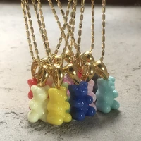cute colorful cartoon bear zircon pendant necklace for women girl resin bear charm heart clavicle chain necklace party jewelry