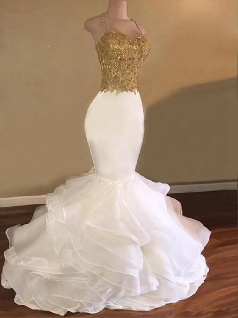 Платье Русалка на бретельках платье выпускного вечера с золотым кружевом |