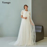 verngo modest 2021 wedding dresses with short sleeves dotted tulle and soft satin o neck pearls buttons back bridal gowns