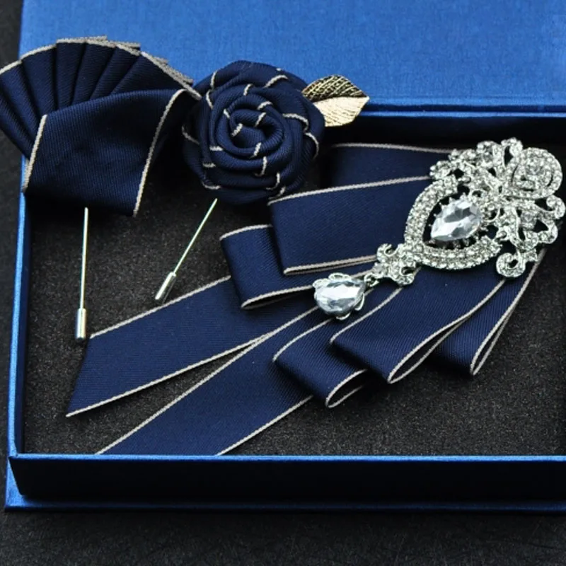 Blue set 2 Высококлассный Модный бриллиантовый галстук-бабочка Женихи мужские свадебные аксессуары для воротника Галстуки Роза брошь карманное полотенце квадратный набор подарки для мужчин - Цвет: Blue set 2