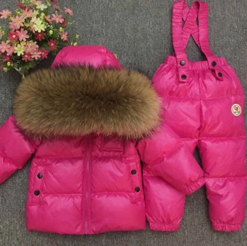 Children s Down Jacket Suit Boys and Girls Winter Ski Suit - 30 Degree Natural Fur Collar Waterproof Fabric