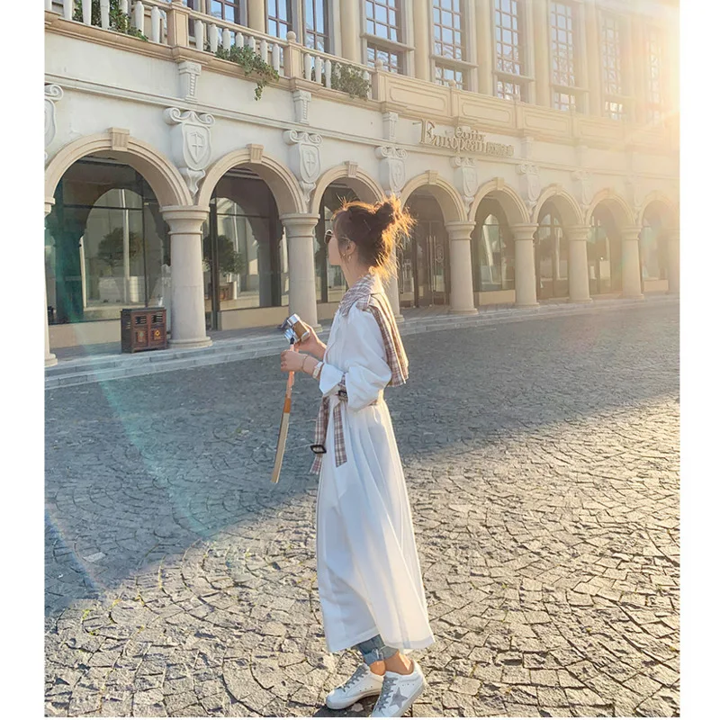 

White Spliced Contrast Color Plaid Windbreaker Women 2020 Autumn New High Waist Slim Belt Korean Style Popular Trench Long Coat