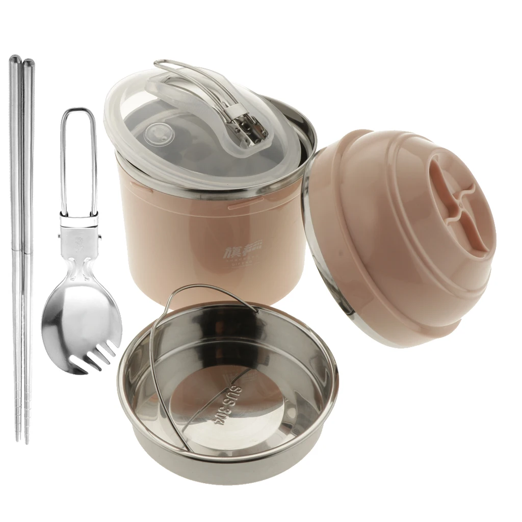 

Коробка для ланча из нержавеющей стали в форме чаши с ложкой, набор палочек для еды, Двухстенная изоляционная миска для лапши, чашка для заку...