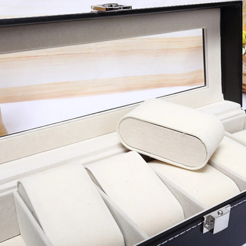 Роскошный футляр для часов 6 ячеек черный деревянный чехол из искусственной кожи