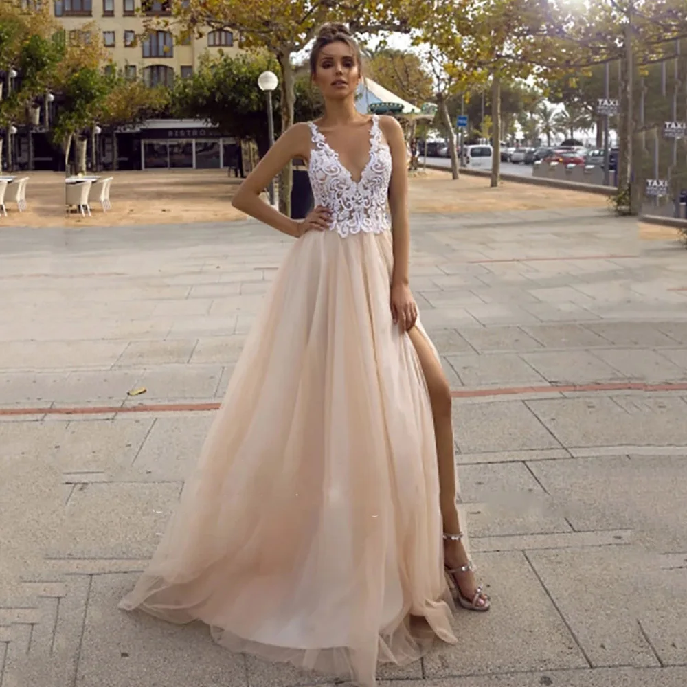 

Vestidos 2021 Champagne Lace Wedding Dresses A Line Tulle Lace Boho Bridal Gowns Robe De Mariee Side Split Wedding Bride Dresse