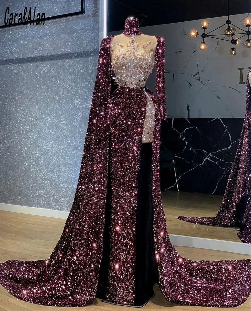 

Sparkle Chocolate Prom Dresses High Neck Beading Sequin Mermaid Evening Dress Women Party Gowns 2021 vestidos de la celebridad