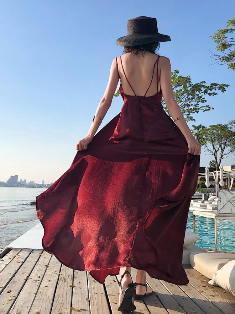 

Beach Skirt 2021 New Seaside Holiday Dress Open Back Suspender Long Skirt for Women's Travel Photo