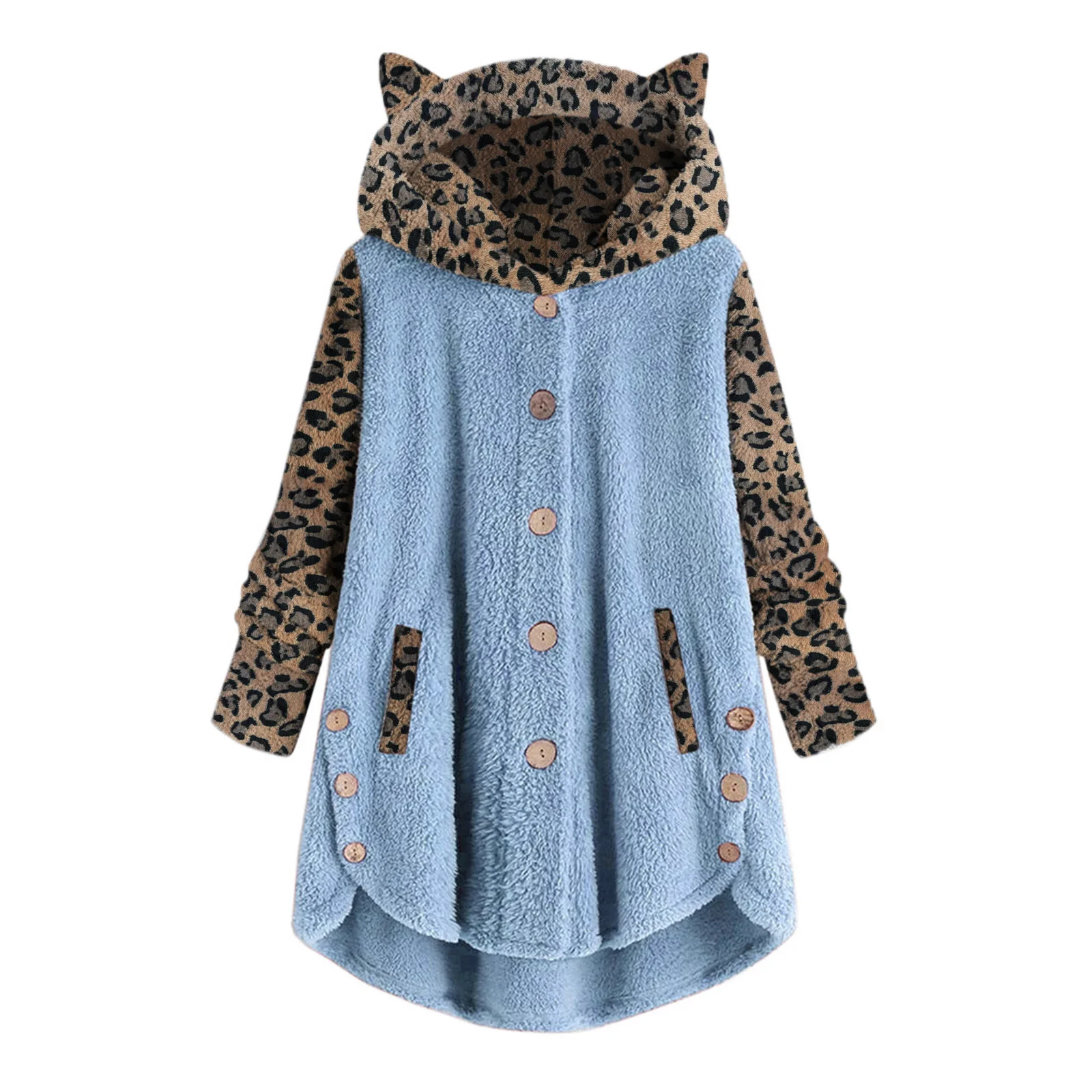 

Plush Jacket Women 2021 Autumn And Winter Hot Style Single-Breasted Long-Sleeved Leopard Stitching Hooded Warm Clothes M468