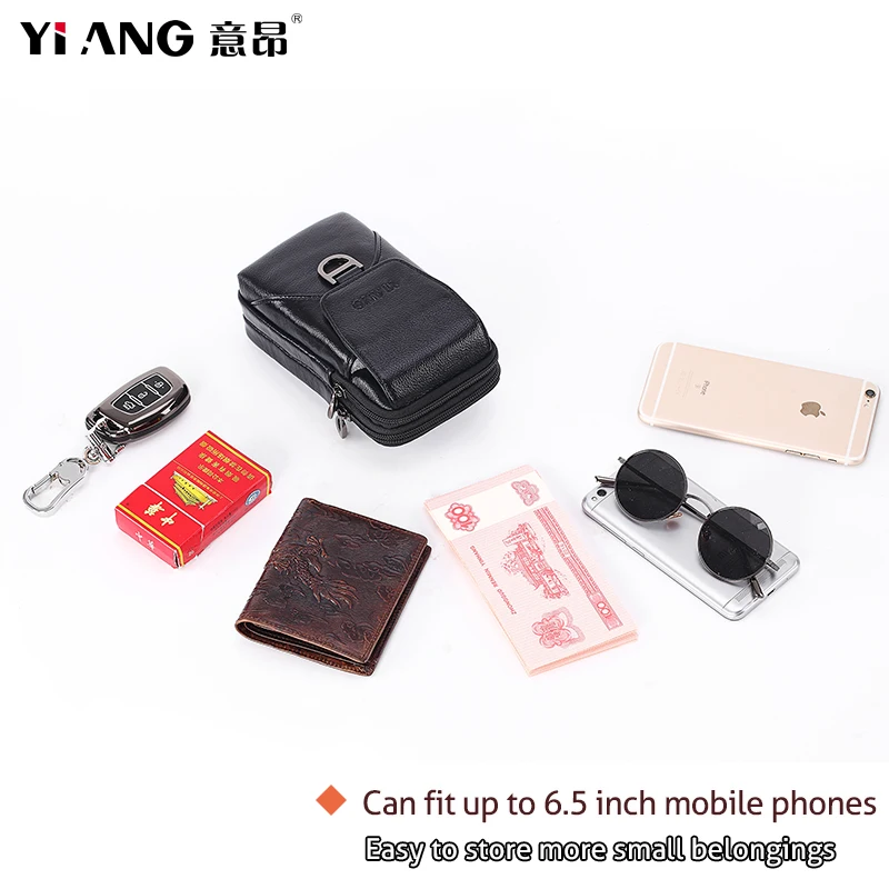 Мужская поясная сумка из натуральной кожи с двойной молнией и крючком |