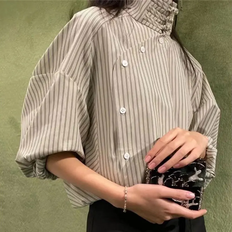 

Women striped shirt Stand collar long sleeve temperament lady blouse casual wild fashion shirt tops