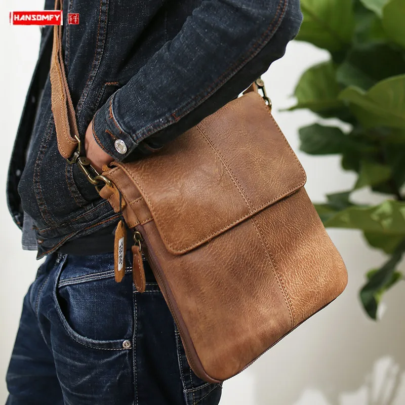Повседневная мужская сумка через плечо из натуральной кожи коричневая мягкая