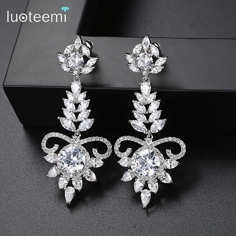 LUOTEEMI Gorgeous boucle oreille femme Long Dangle Earrings for Women Luxury Marquise Flowers Chandelier Bridal Wedding Bijoux | Украшения