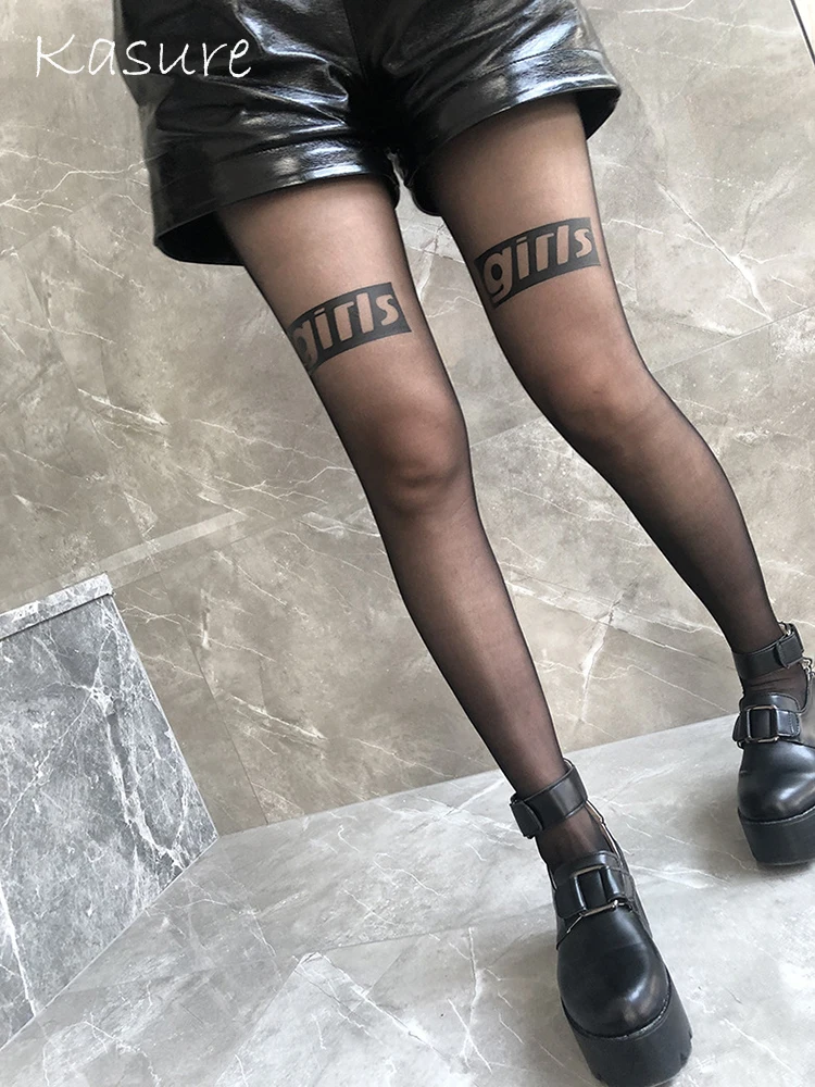 KASURE черные колготки тату буквы женские нейлоновые прозрачные сексуальные чулки