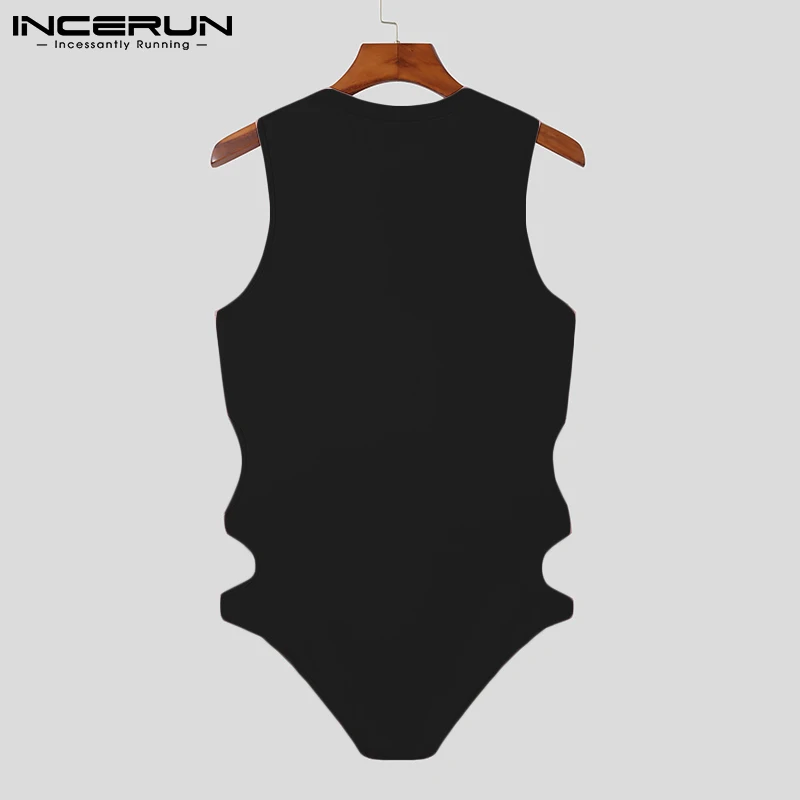 Men Bodysuits Pajamas Solid Color Hollow Out Underwear O-neck Sleeveless Sexy Cozy Skinny Sleepwear Men Bodysuit S-5XL INCERUN