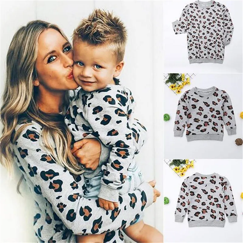 

Осень 2019, свитшот для матери и дочери, семейные топы, женские, для мальчиков и девочек, модный осенний свитер, пуловер с леопардовым принтом, топы