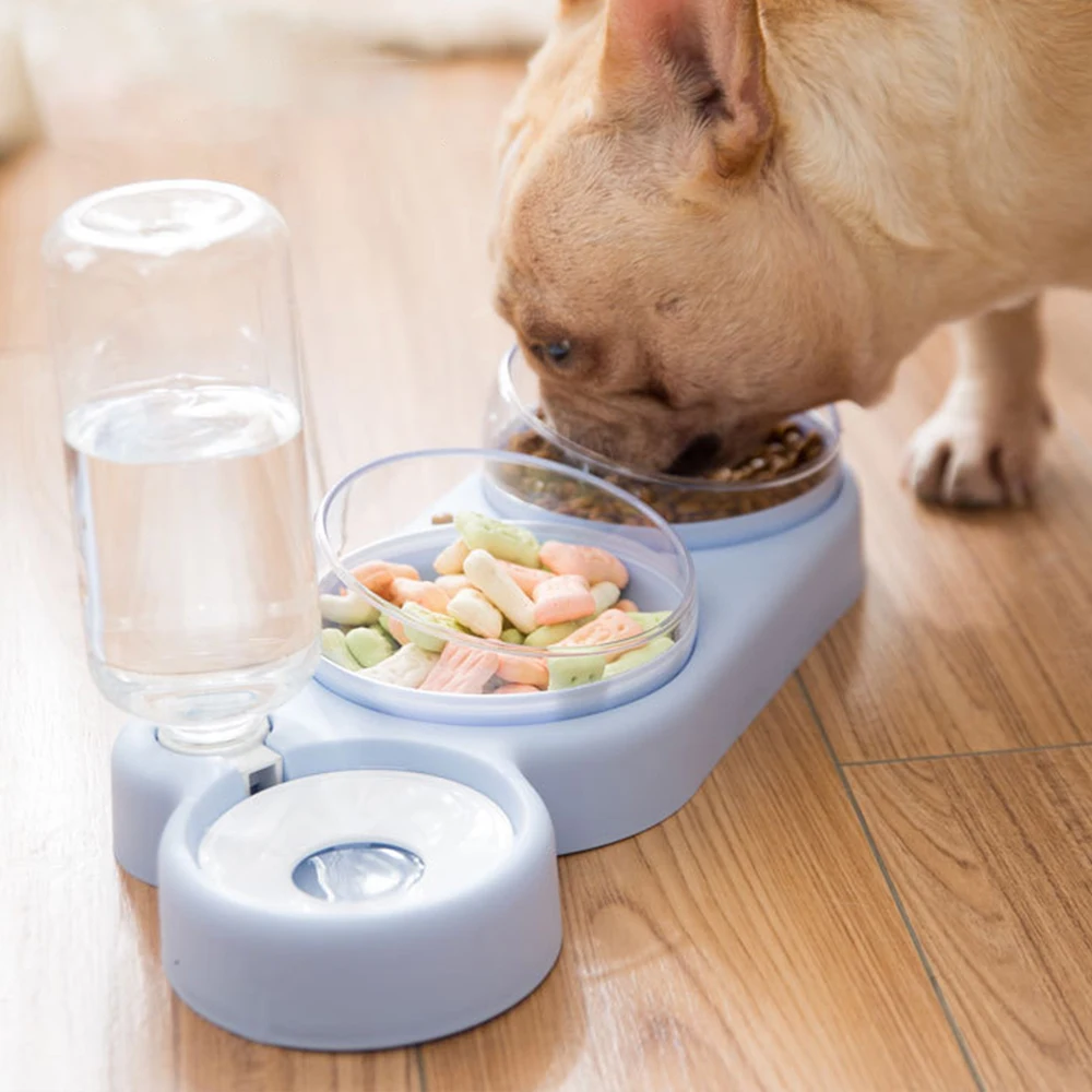 

Cat Double Bowls Food Water Feeder with Auto Water Dispenser Dog Cat Food Bowl Drinking Raised Stand Dish Three Bowls