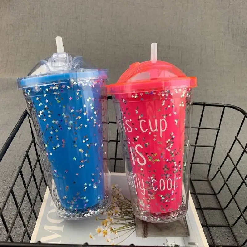 

450ml Double Plastic Sippy Mugs Coffee Juice Mug Cups Sliding Ice Cup Glass Juice Glass Water Bottle For Drinking Sport Kawaii