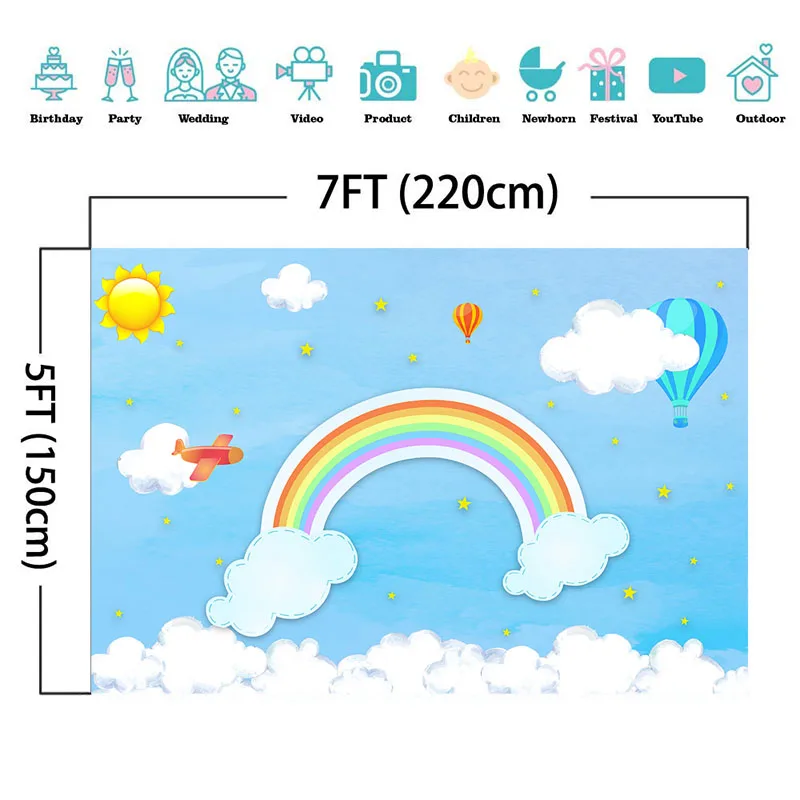 Mocsicka Birthday Party Photography Backdrops Rainbow Blue Sky White Cloud Photo Background Hot Air Balloon Baby Shower Backdrop |
