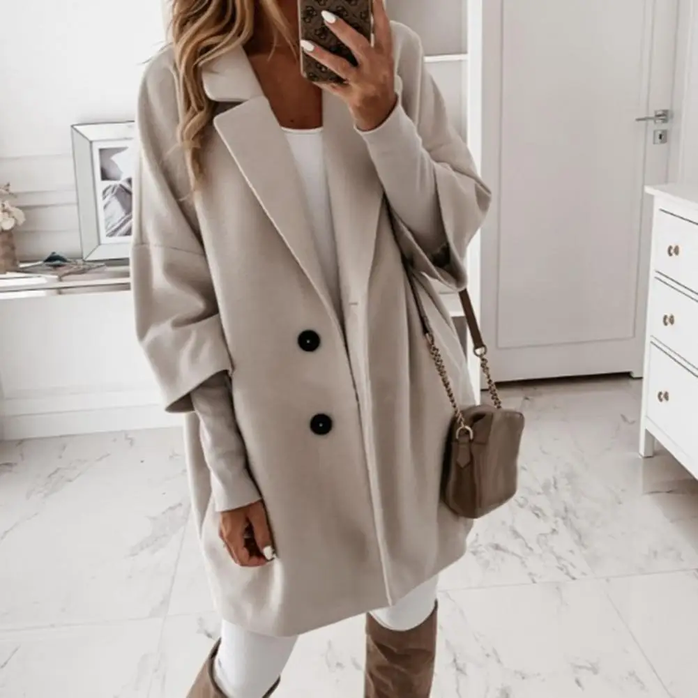 

Hot！3/4 Sleeve Two Buttons Women's Coat Winter/Autumn 2021 Lapel Side Pockets Long Warm Woolen Women's Coat Winter/Autumn 2021