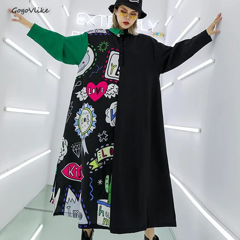 Граффити печати лоскутные платья женщин плюс размер с длинным рукавом отворотом