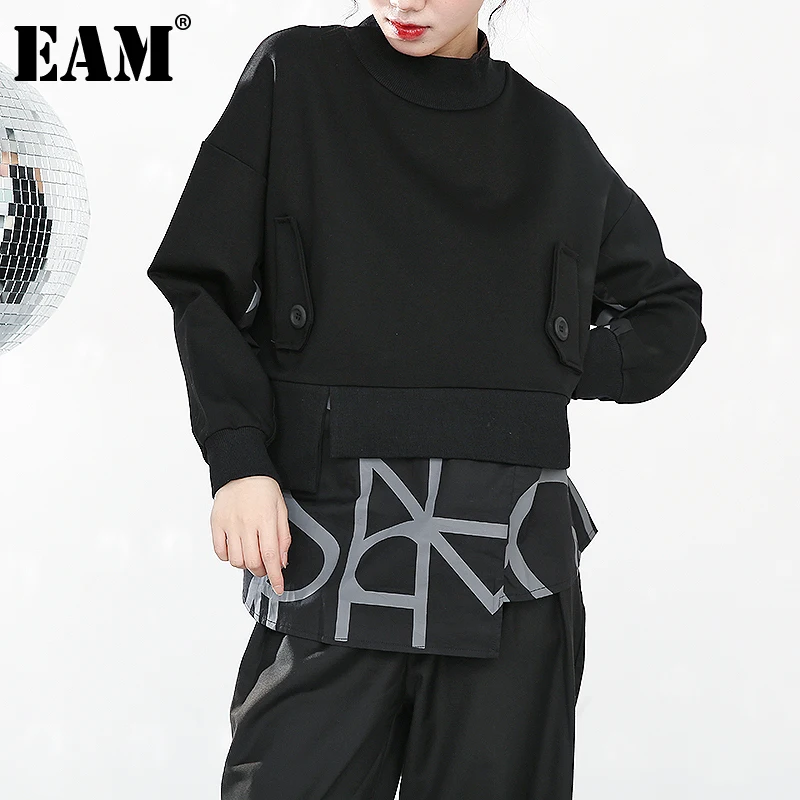 

[EAM] Women Big Size Iregular White Letter T-shirt New Stand Collar Long Sleeve Fashion Tide Spring Autumn 2022 1DD023201