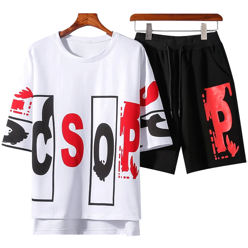

Men Short Set 2021 Summer Trend 2 Piece Tracksuit Print T-Shirts + Cargo Shorts Male Cothes Streetwear Oversize Sweatshirts