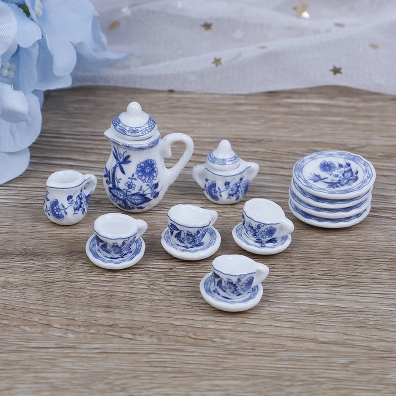 

New 15Pcs 1/12 Doll House Miniature Kitchen Flower Patten Porcelain Coffee Tea Cups Ceramic Tableware Accessories