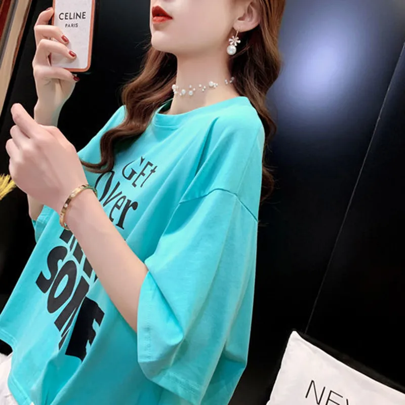 

The new summer style of foreign alphabet printing all-match short sleeve T-shirt women net red loose large size short jacket T-s