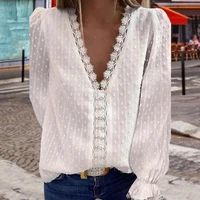 solid color deep v collar blouse embroidered lace edge tops lantern sleeve dot fabric shirt lady causal long sleeve blouse
