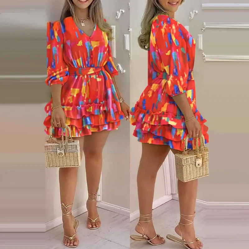 

Женское платье с V-образным вырезом, многослойное Повседневное платье для отпуска с оборками на подоле, новинка 2021