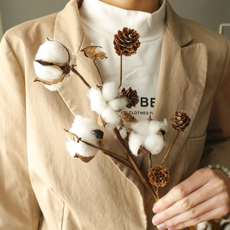 

Cotton Pine Cones Branches Artificial Flowers Home Living Room Decoration Wedding Holding Flowers Plants Wall Fake Flowers