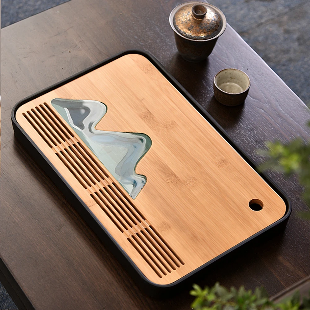 Japanese Style Mountain Design Bamboo Tea Tray For Teacup Teapot Square Storage Water Tea Board For Home Hotel Office Teahouse