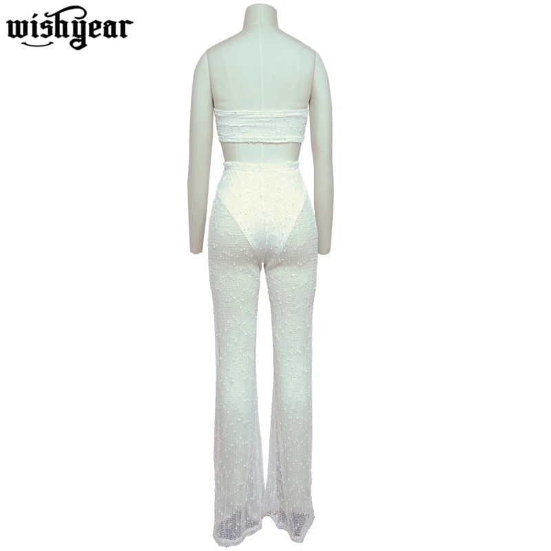 

2020 Pearls Sheer Knitted Two Piece Set Women Sexy Strapless Crop Top High Waist Wide Leg Pants Night Club Party Outfits Suit