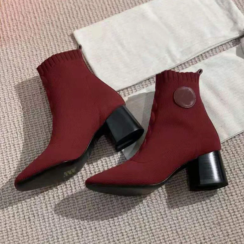 

Ladies Boots Early Autumn New Elastic Thick Heel 6.5CM Red Socks Boots Young And Delicate Fashion Horseshoe Heel Ankle Boots