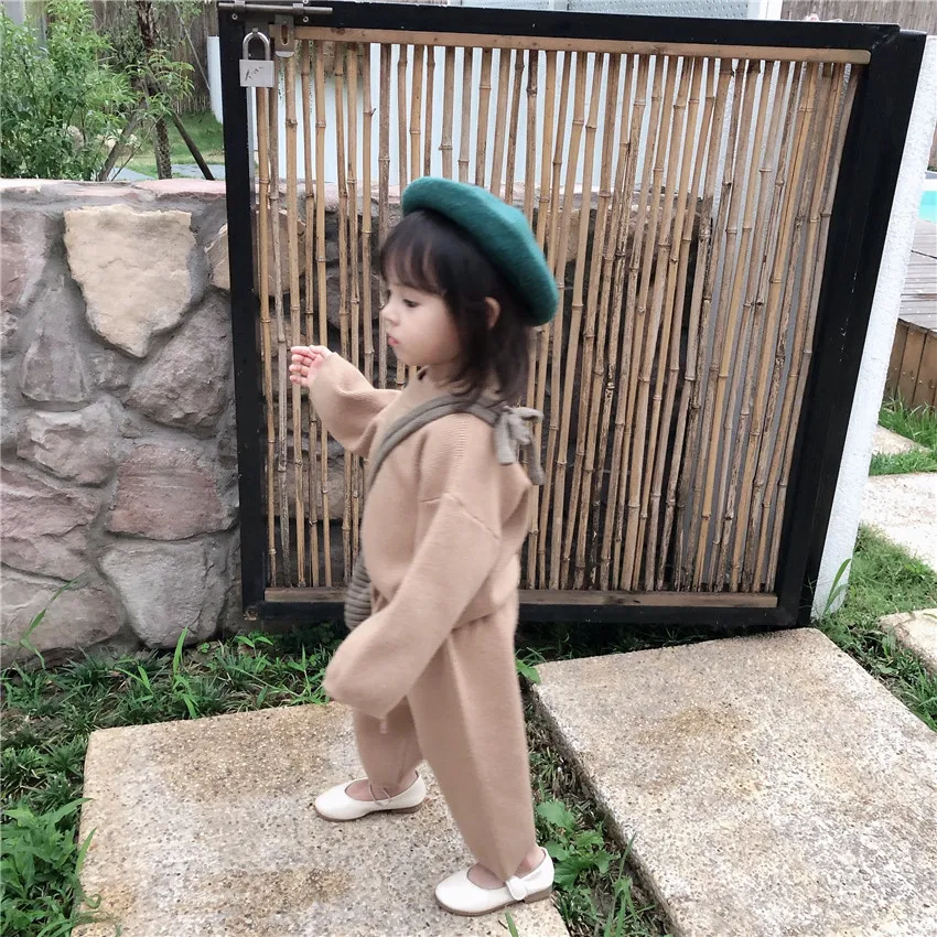 

Fall 2019 New Korean Version Girl Leisure Loose Core-spun Yarn Sweater Suit with wide legging for baby girls toddler baby cloth