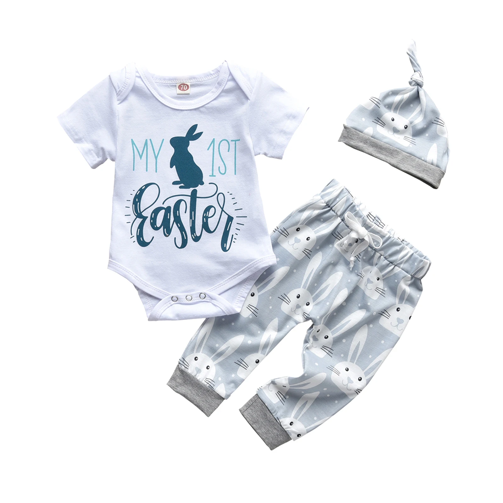

0-18M Infant Baby Boy Easter Clothing Set 3Pcs Hat Romper Pant Set Short Sleeve Rabbit Printed Jumpsuit Top For Kids