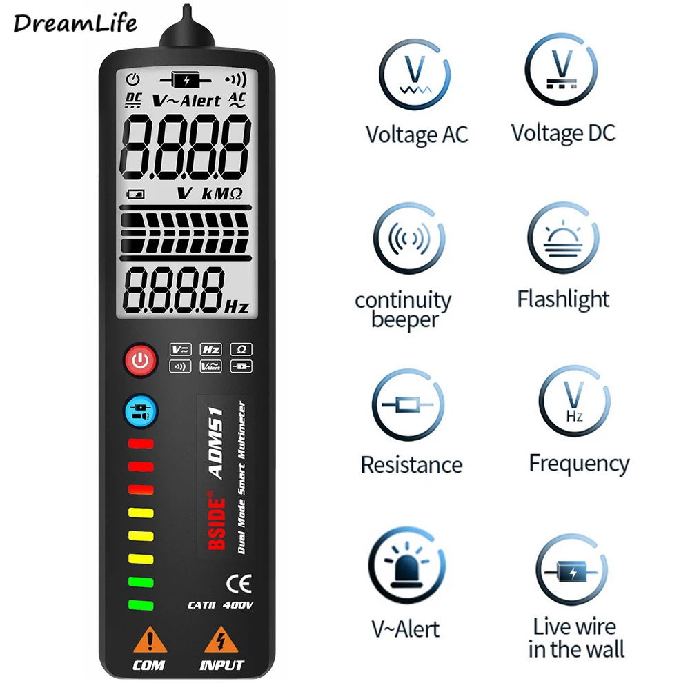 

Automatic Voltage Tester Digital Multimeter Intelligent Display Ultra-thin Design Arc Screen Voltage Meter Strap Rear Flashlight
