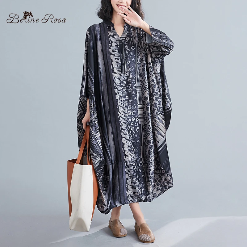 BelineRosa Осенний Стиль Нерегулярные Подол Ретро Печати Платья Винтаж 4XL 5XL 6XL Плюс