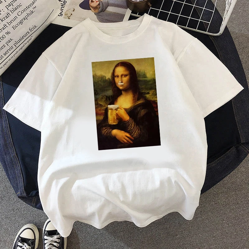 

Mona Lisa T Shirt Women Spoof Fashion Tshirt Summer 2019 Harajuku Aesthetics White Short Sleeve Tee Tops Female T-shirt