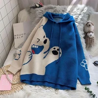 autumn winter hooded sweater long sleeved bear pattern casual hedging patchwork loose fashion y2k knitted top 2022 new