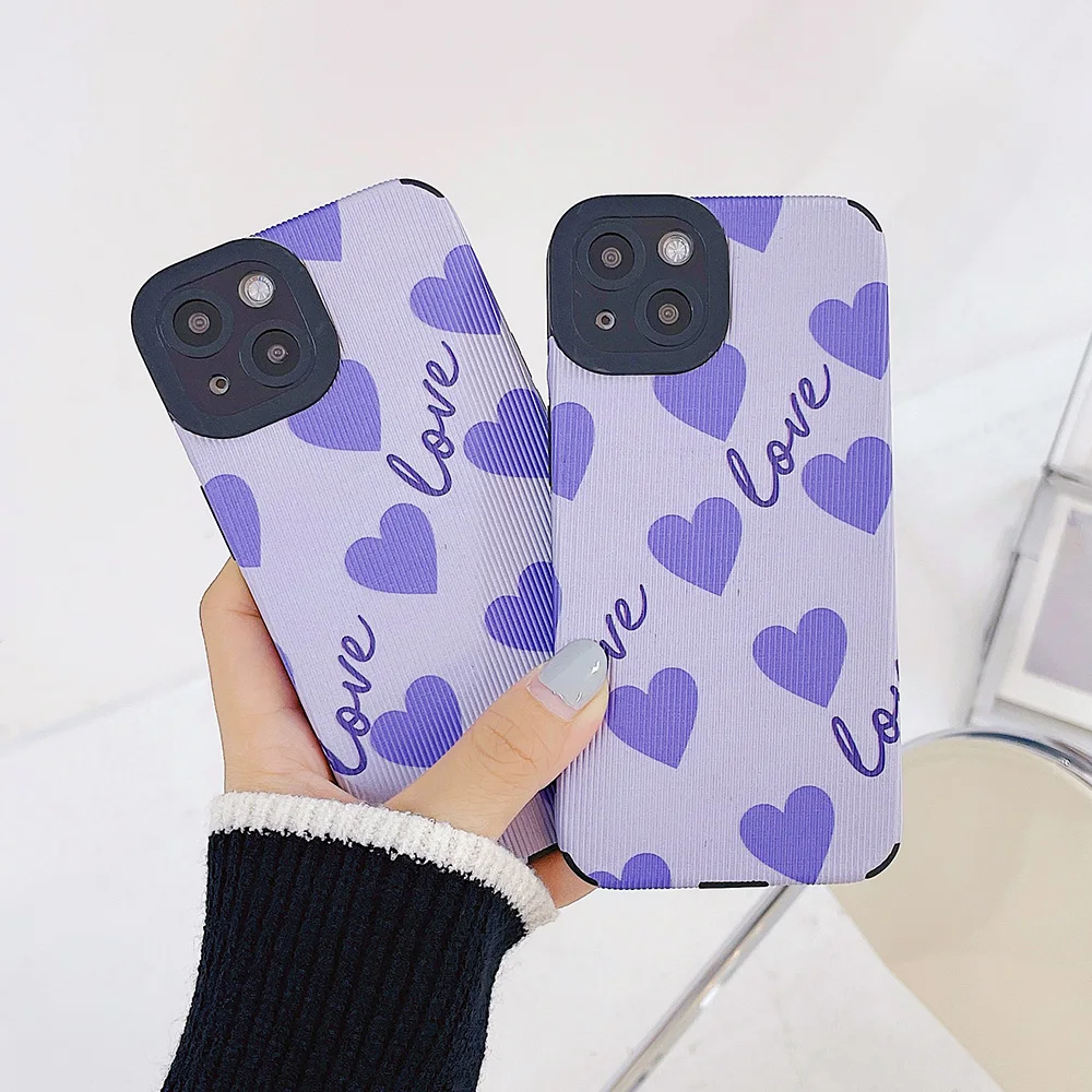 

EKONEDA PU+TPU Cute Purple Love Hearts Case For iPhone 11 12 13 Pro XS Max XR X 7 8 Plus Women Silicone Protective Cover Cases