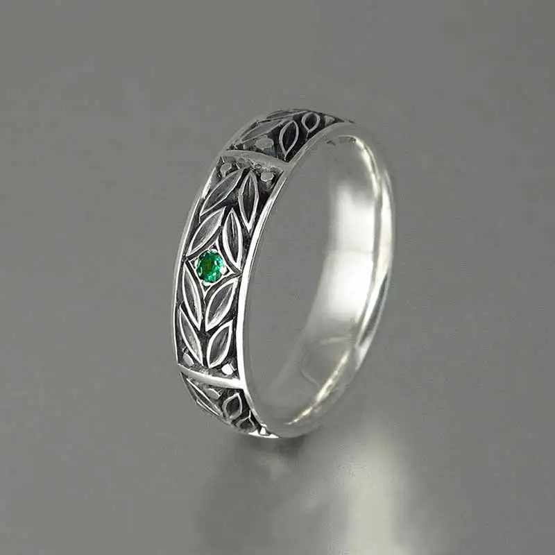

Huitan Retro Anniversary Gift Ring For Women With Vintage Leaves Engraved With One Tiny Green Cubic Zircon Stone Finger Rings
