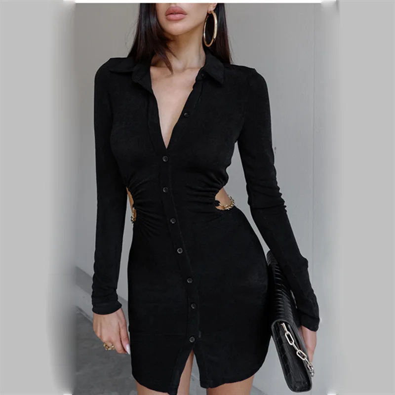 

Sexy and Elegant Women's V-neck Low-Cut Waist Hollow Out Chain Dress Design Open Back Solid Color Skinny Hip Mini Dress 2021 S-L